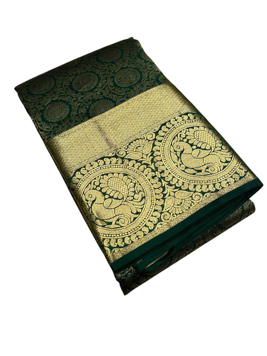Southloom Pure Handloom Bridal Kanchipuram Silk Saree with Korvai Work (Green)