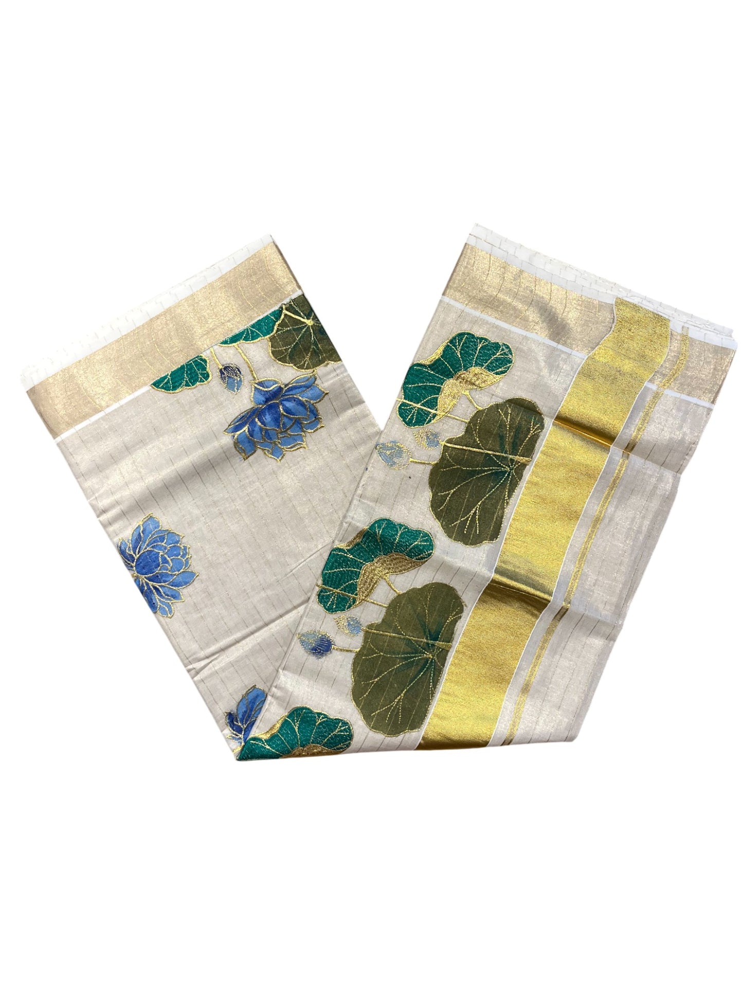 Southloom Tissue Kerala Kasavu Saree with Hand Painted Embroidery Blue Lotus Design