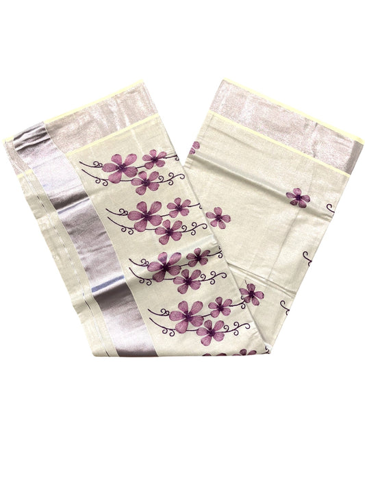 Southloom Kerala Tissue Kasavu Saree with Lavendar Floral Embroidery on Body and Border