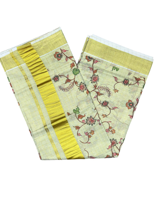 Southloom Tissue Check Kalamkari Print Kerala Kasavu Saree in Green