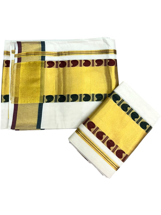Southloom Premium Handloom Set Mundu with Maroon & Green Border and Kasavu Lines Across Body 2.80 Mtrs SL632