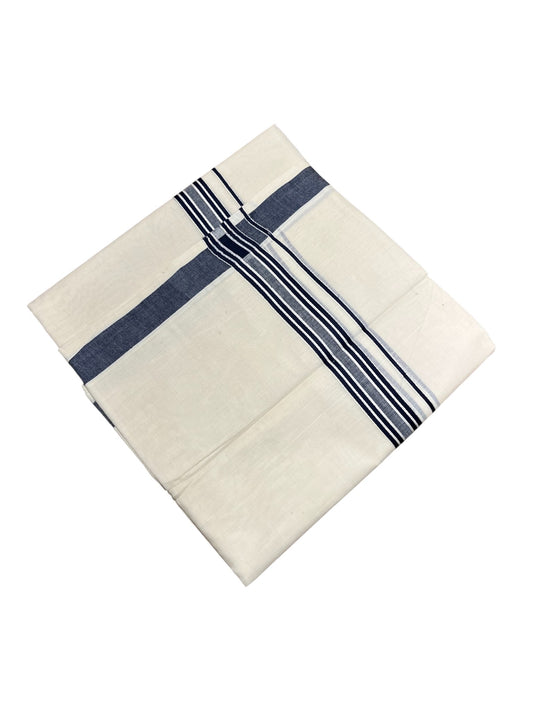 Southloom Pure Cotton Double Mundu With White Lines & Blue Border (South Indian Kerala Dhoti)
