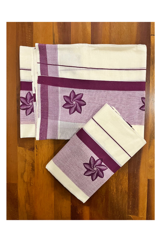 Kerala Cotton Single Set Mundu (Mundum Neriyathum) with Purple Floral Block Prints on Border