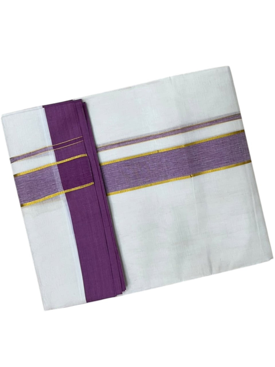 Southloom Pure Cotton Mundu with Siver Lines and Lavender Border (South Indian Kerala Dhoti)