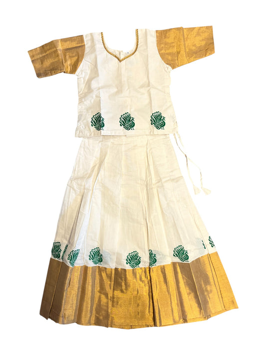 Southloom Kerala Cotton Kasavu Pavada Blouse with Hand Printed Work for Kids