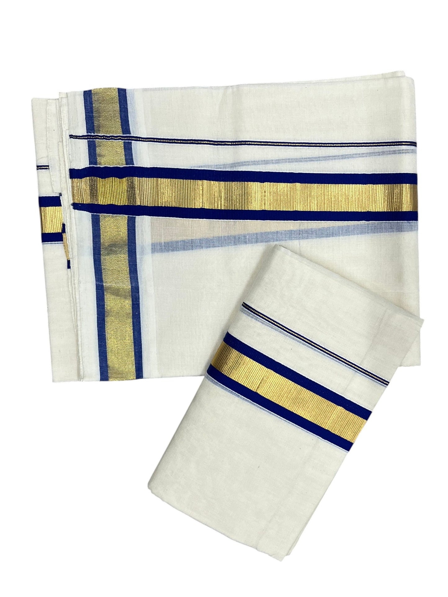 Southloom Pure Cotton Kerala Kasavu Set Mundu (Mundum Neriyathum) Gold Kasavu & Blue Border 2.80 Mtrs