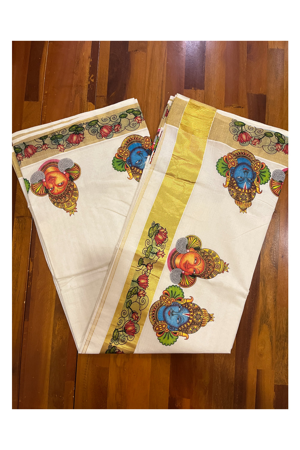 Pure Cotton Kerala Kasavu Saree with Mural Printed Krishna Radha and Lotus Design