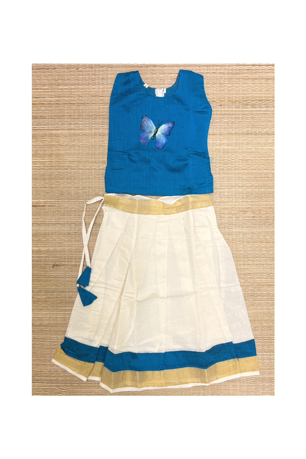 Southloom Kerala Pavada Blue Blouse with Butterfly Mural Designs (Age - 3 Years)