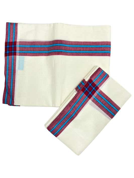 Southloom Pure Cotton Kerala Single Mulloth Set Mundu (Mundum Neriyathum) Maroon And Blue Border in 2.80 mtrs SL243