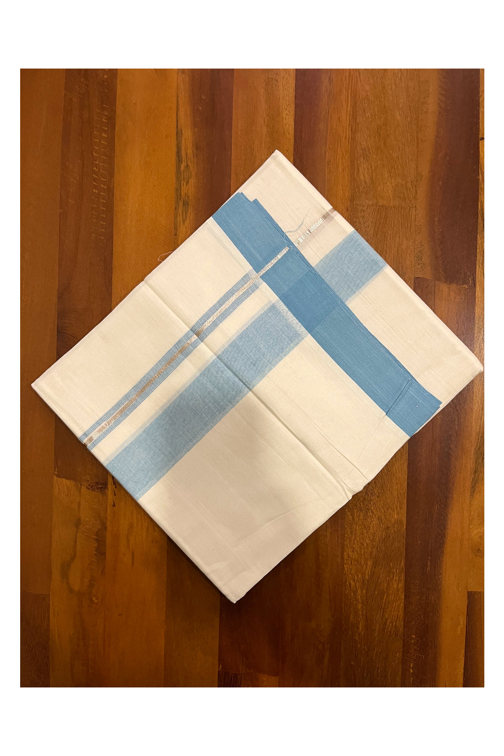 Pure Cotton Kerala Double Mundu with Light Blue and Kasavu Line Chutti Border (South Indian Kerala Dhoti)