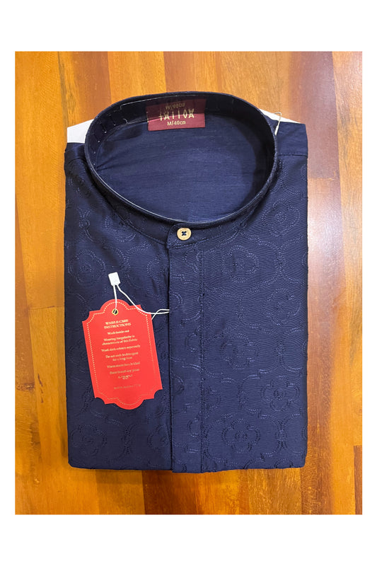 Southloom Navy Blue Embroidered Semi Silk Short Kurta for Men