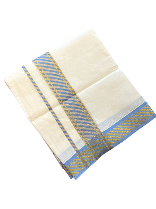 Southloom Off White Cotton Single Mundu with Ksavu and Kara Blue Border (South Indian Dhoti)
