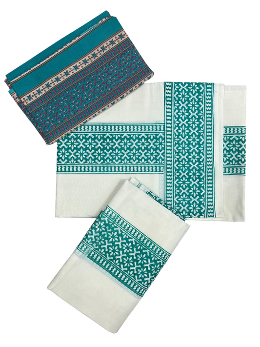 Southloom Green Block Printed Set Mundu with Blouse Piece 2.80Mtrs SL423