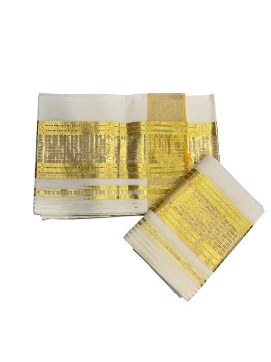 Southloom Handloom Premium Cotton Set Mundu With Kasavu Lines Temple Woven Patterns On Border (Mundum Neriyathum) 2.80 Mtrs