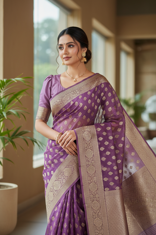 Southloom Cotton Banarasi Silk Saree with Woven Work on Body and Borders (Lavender)