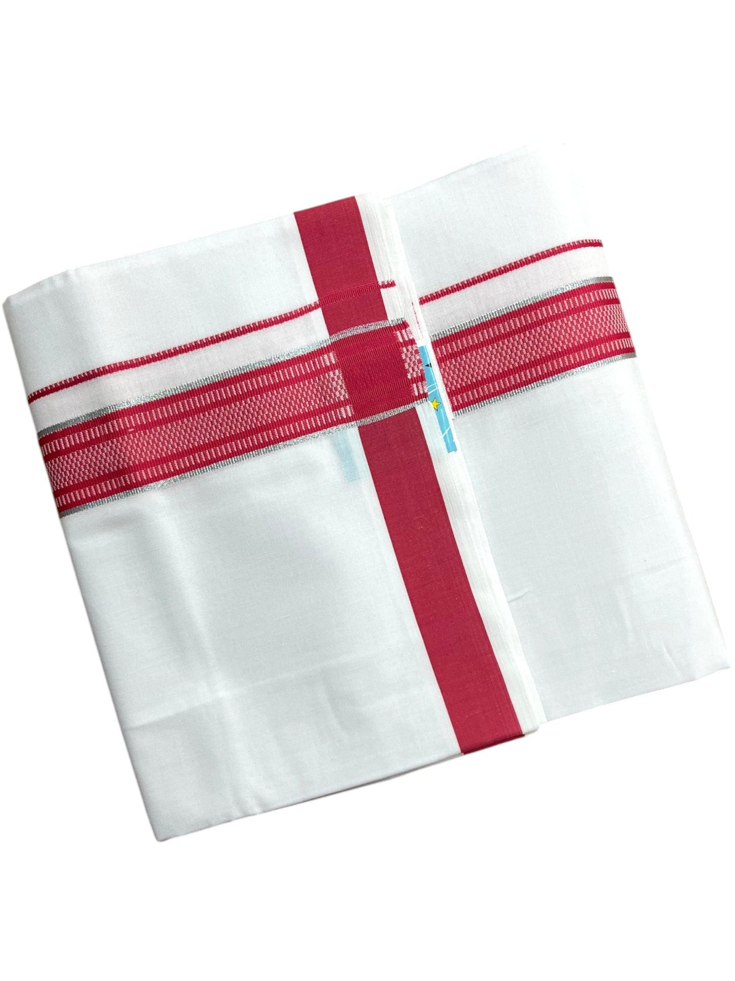 Southloom Pure White Cotton Mundu with Silver Line & Dark Pink Border (South Indian Kerala Dhoti)
