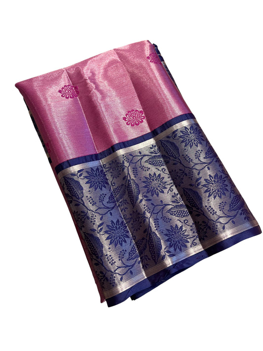 Southloom Tissue Silk Saree with Woven Work on Body and Borders (Blue & Magenta)