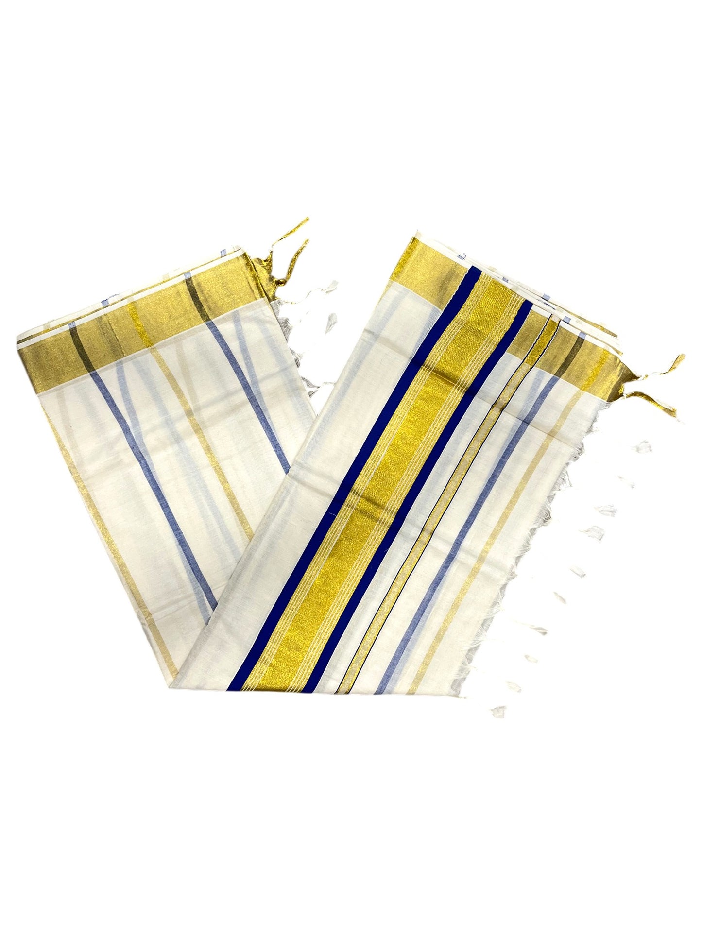 Southloom Kerala Cotton Kasavu Saree with Gold And Blue Lines on Body