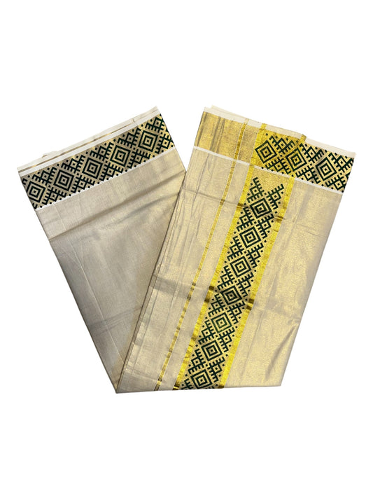 Southloom Kerala Tissue Kasavu Plain Saree Green Hand Printed