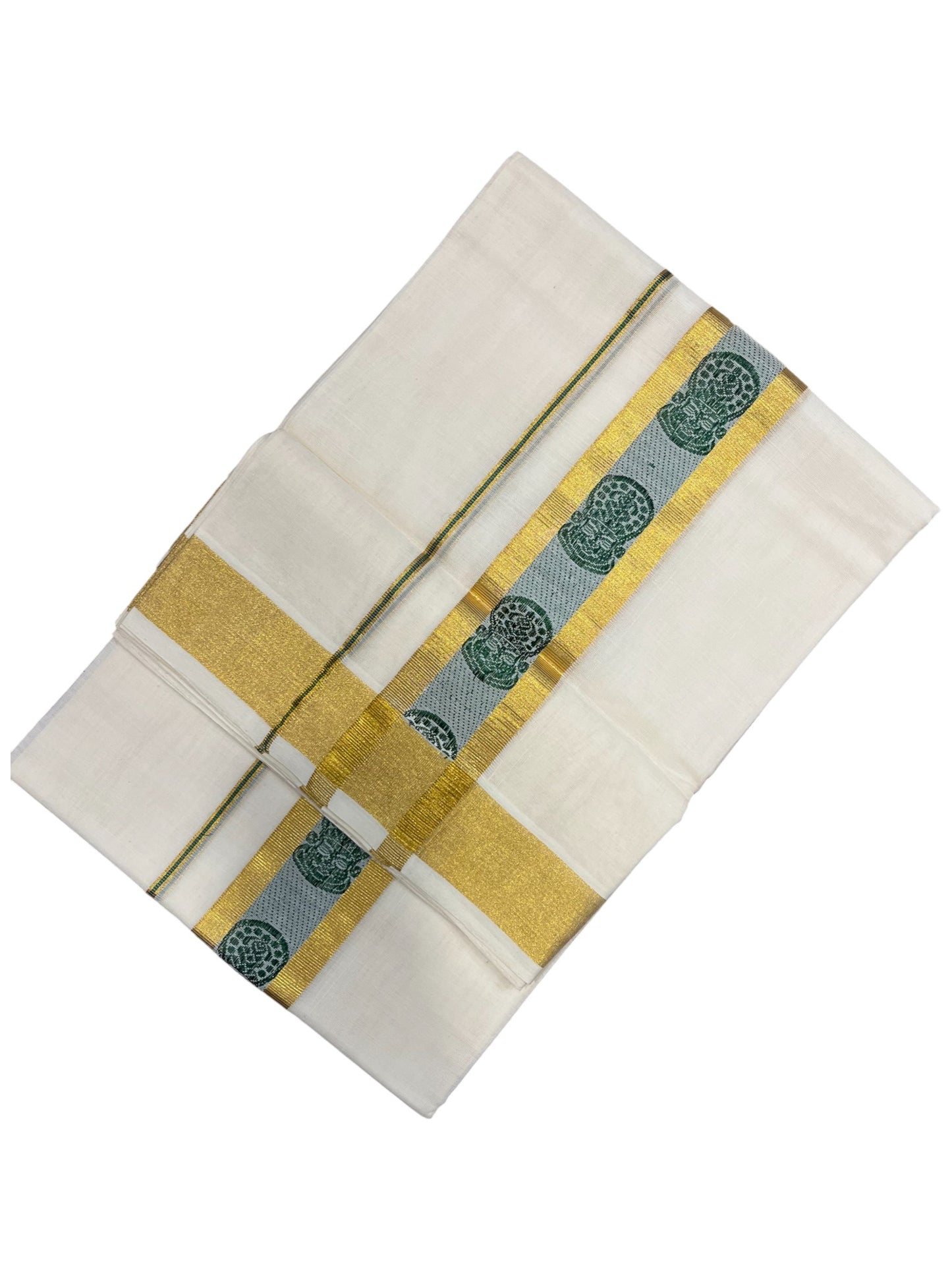 Southloom Premium Handloom Cotton Double Mundu with Gold And Green Woven Work Kasavu Border