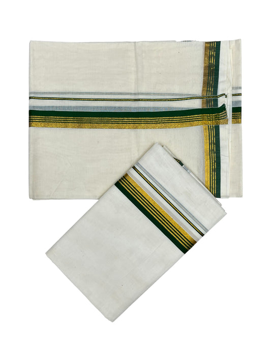 Pure Cotton Kerala Single Set Mundu (Mundum Neriyathum) with Green Kasavu Border