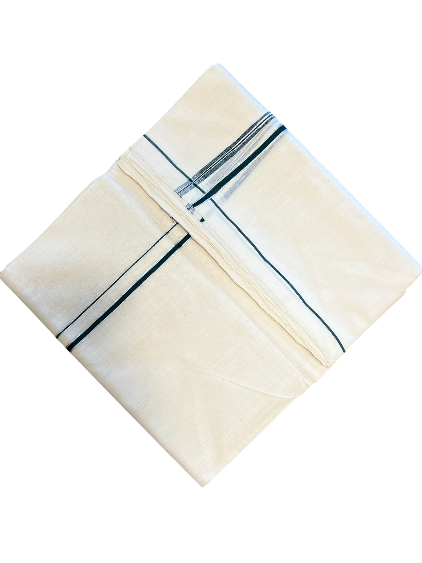 Southloom Premium Handloom Cotton Double Mundu with Silver and Green Chutti Kara Border