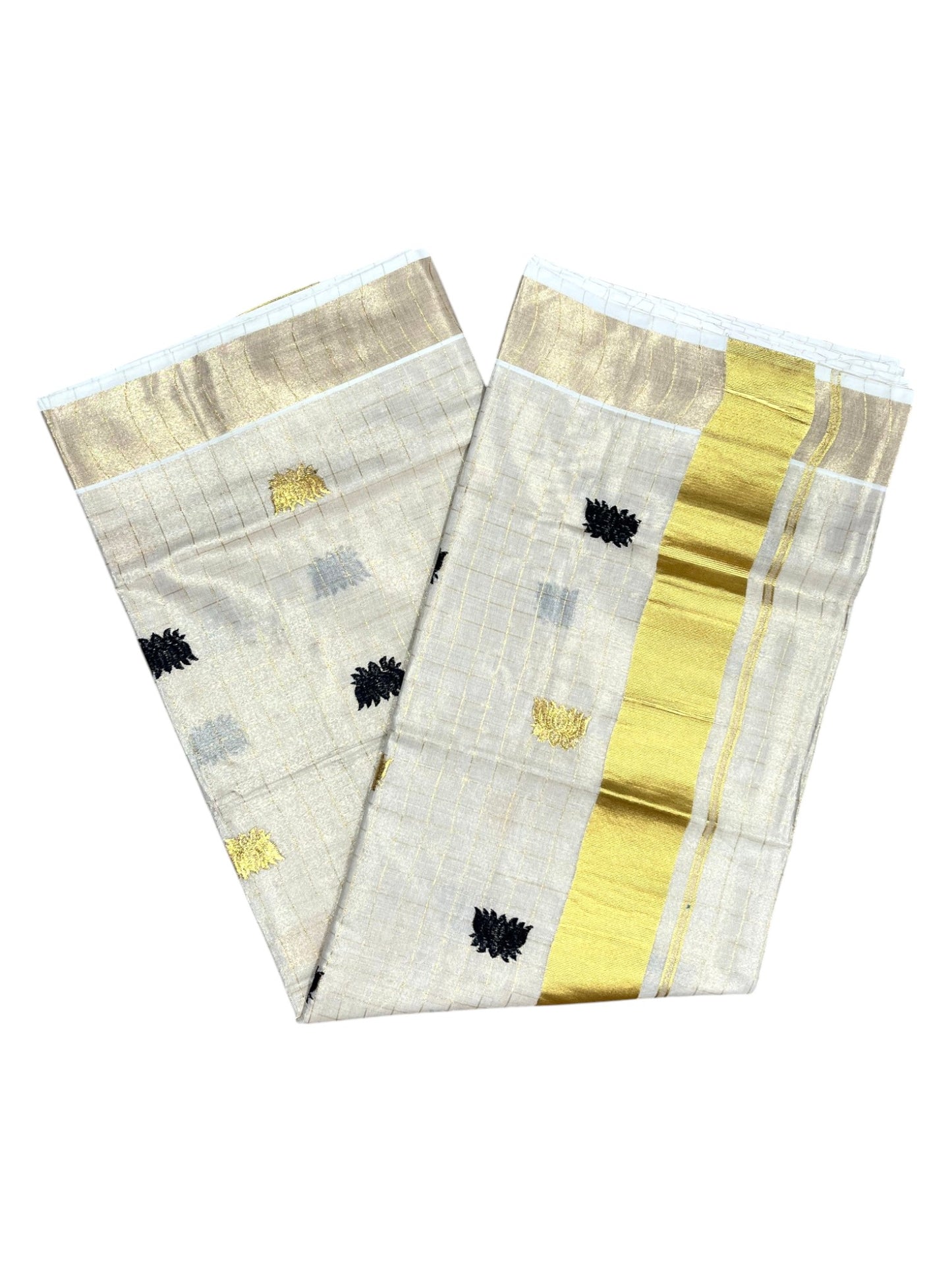 Southloom Kerala Tissue Kasavu Check Saree with Black Lotus Embroidery Works