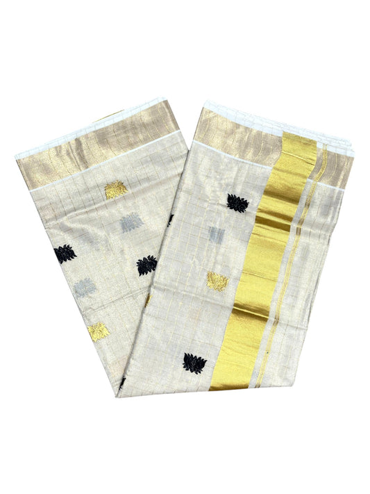 Southloom Kerala Tissue Kasavu Check Saree with Black Lotus Embroidery Works