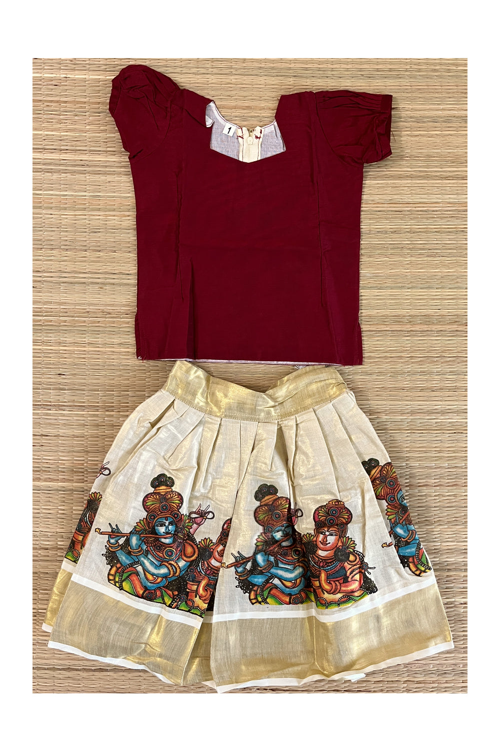 Southloom Kerala Tissue Pavada Blouse with Maroon and Mural Prints Designs for Kids (1 Year)