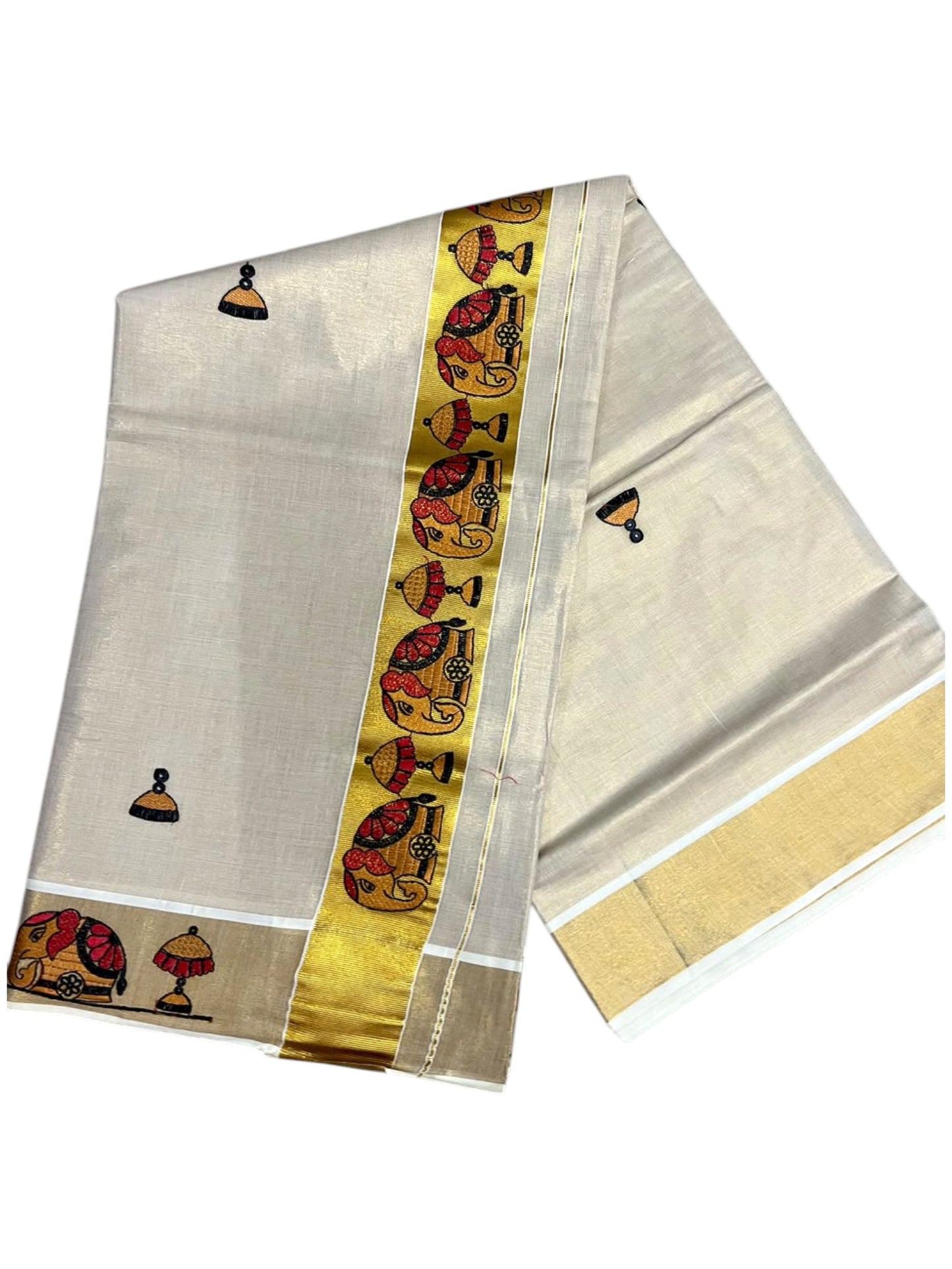Southloom Tissue Kerala Kasavu Saree with Elephant Embroidery Design