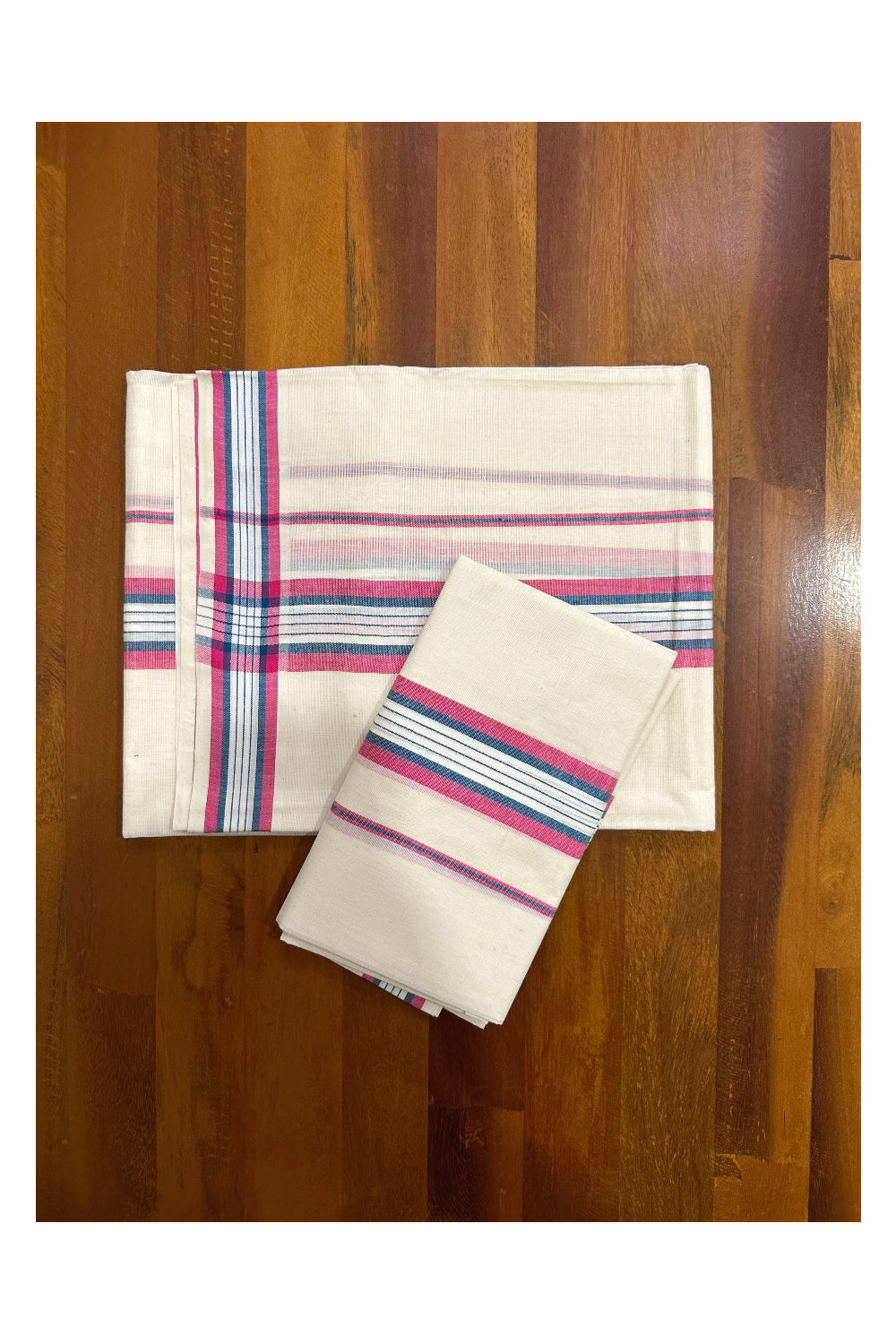 Kerala Mulloth Soft Cotton Mundum Neriyathum Single with Red and Blue Border (Onam Set Mundu 2023)