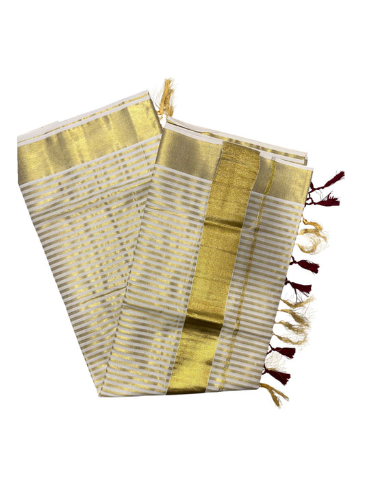 Southloom Kerala Cotton Kasavu Saree with Stripes on Body