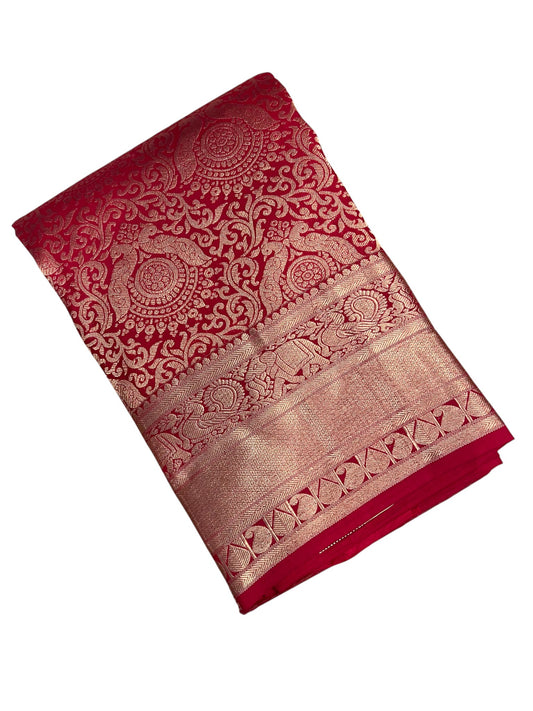 Southloom Premium Handloom Bridal Kanchipuram Silk Saree with Korvai Work (Red)