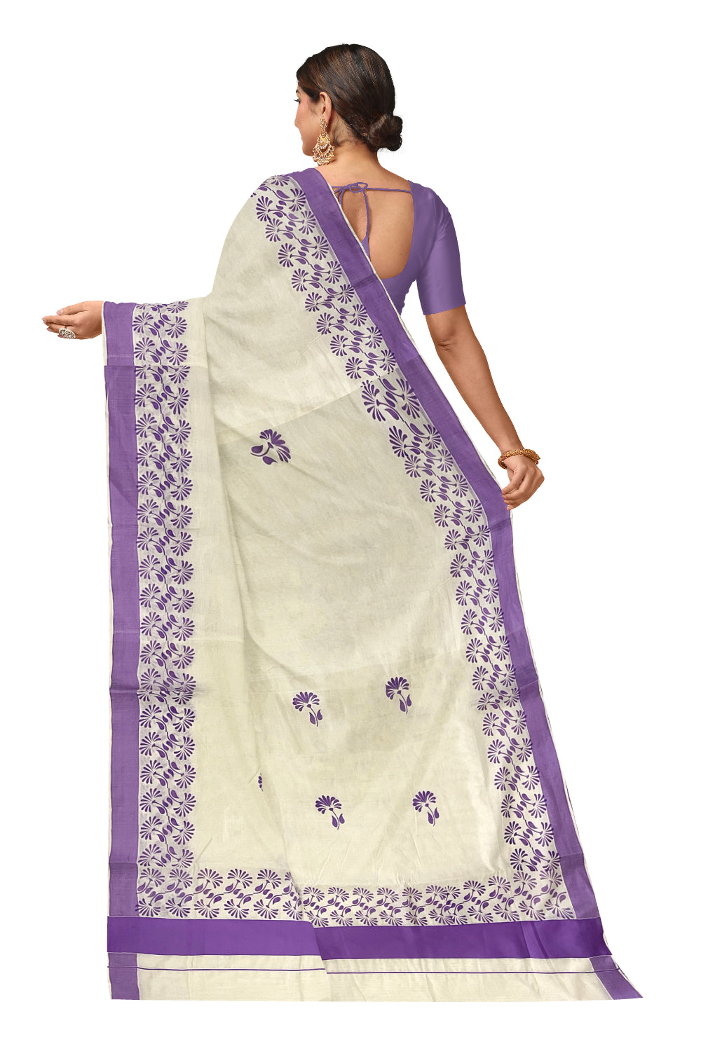 Kerala Pure Cotton Saree with Violet Block Prints on Border