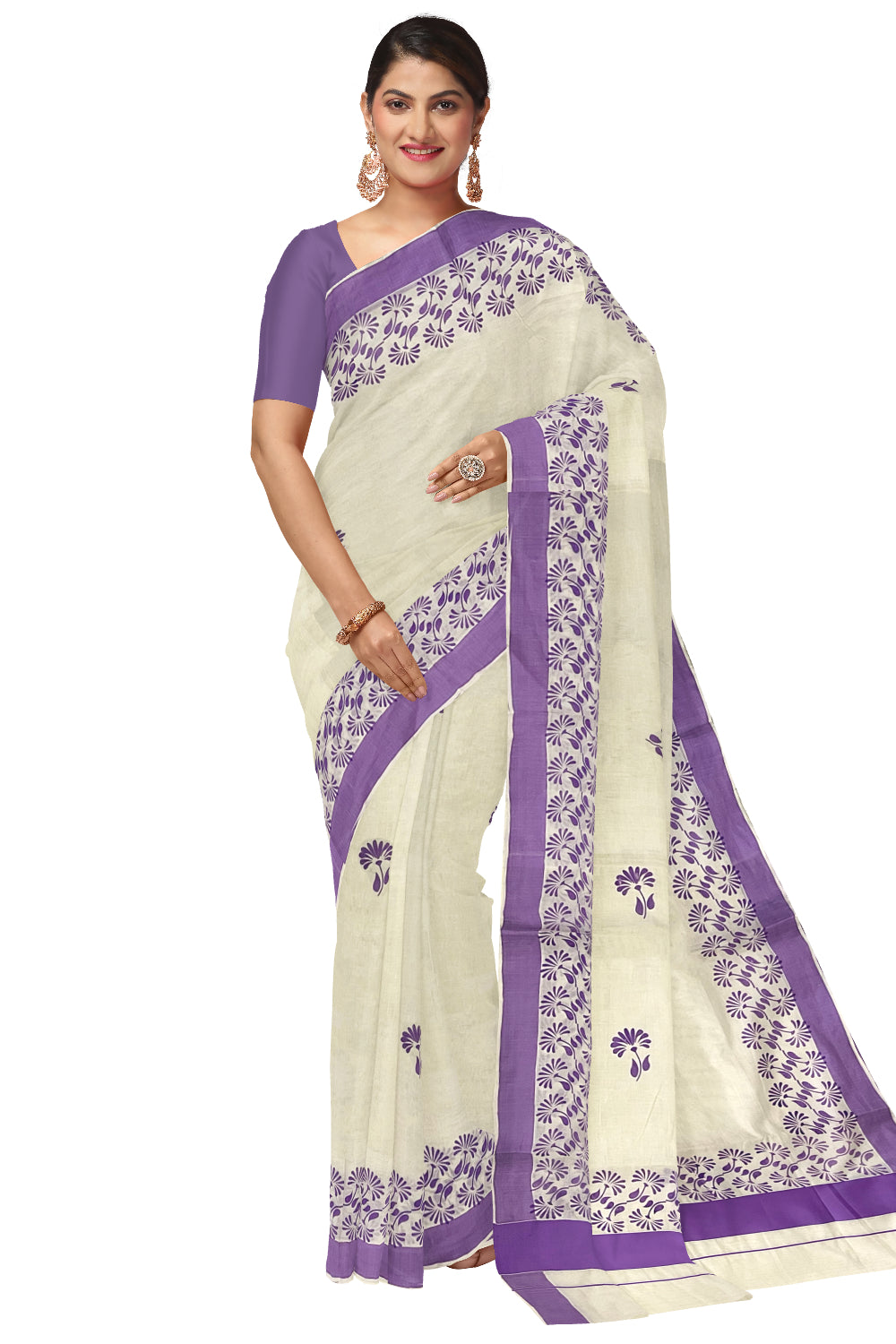 Kerala Pure Cotton Saree with Violet Block Prints on Border