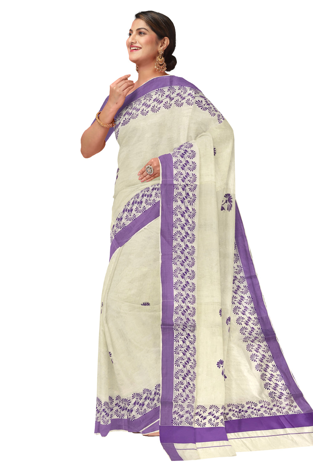 Kerala Pure Cotton Saree with Violet Block Prints on Border