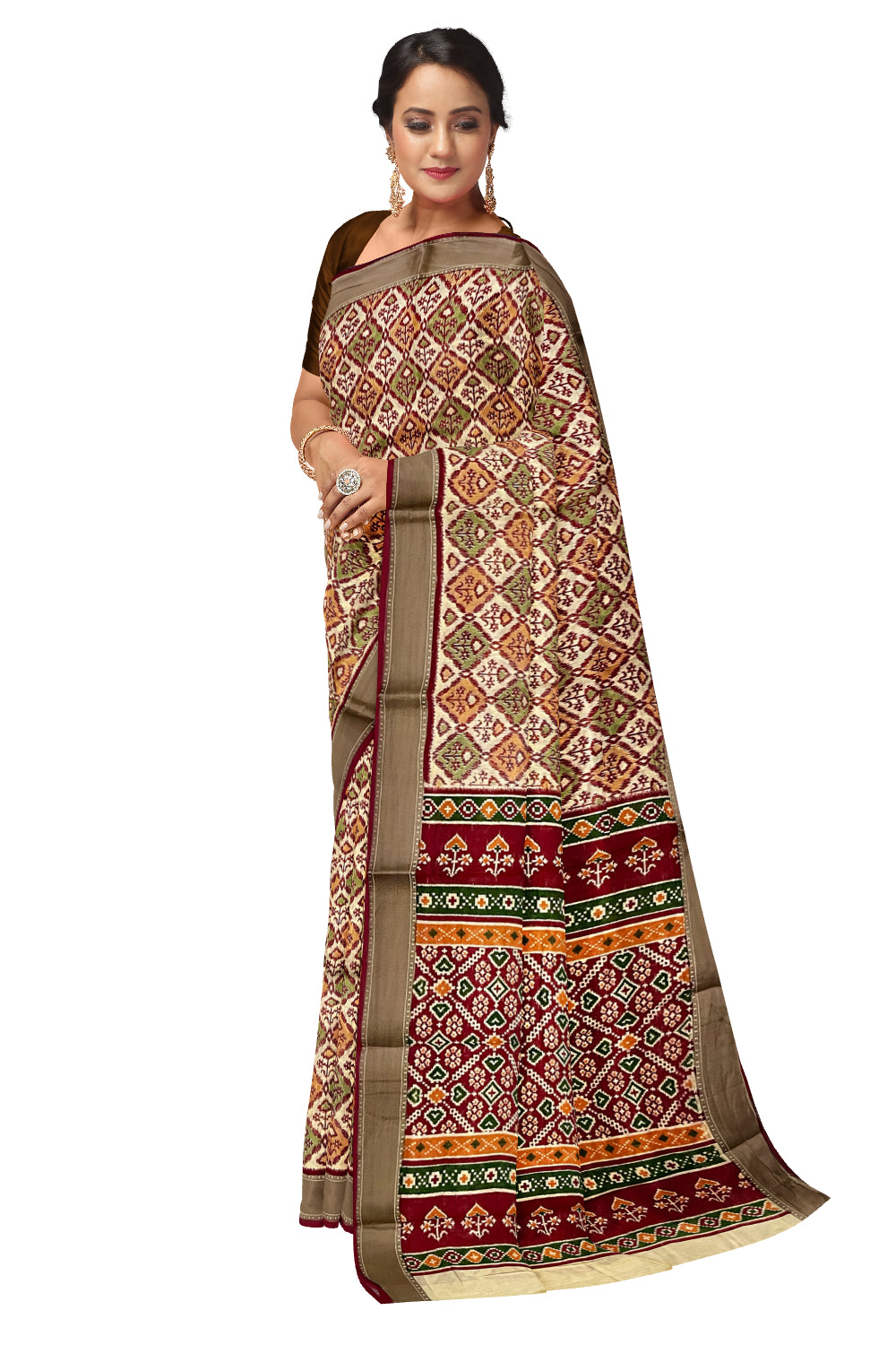 Southloom Maroon Beige Cotton Saree with Woven Patterns on Body