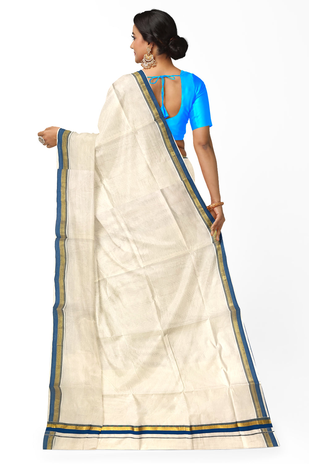 Pure Cotton Kerala Plain Saree with Kasavu and Blue Border