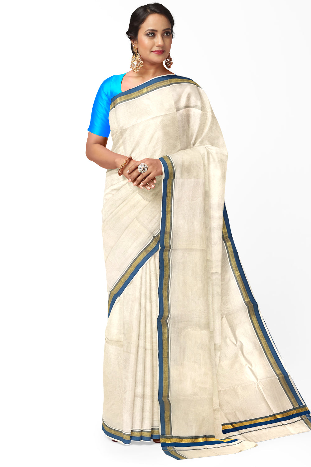 Pure Cotton Kerala Plain Saree with Kasavu and Blue Border