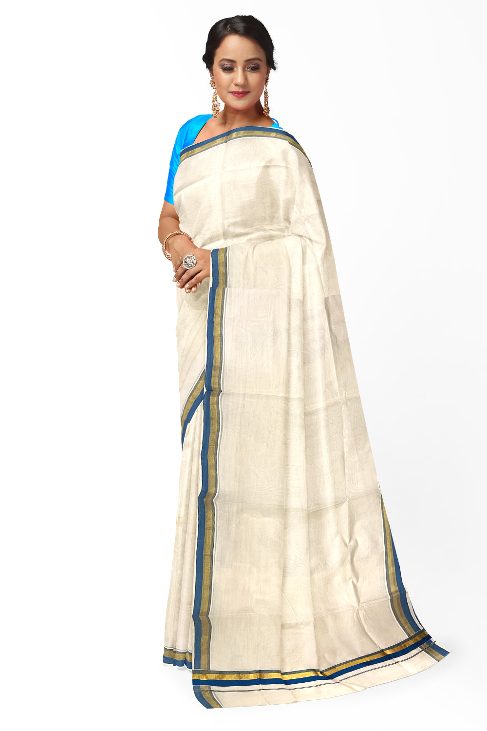 Pure Cotton Kerala Plain Saree with Kasavu and Blue Border