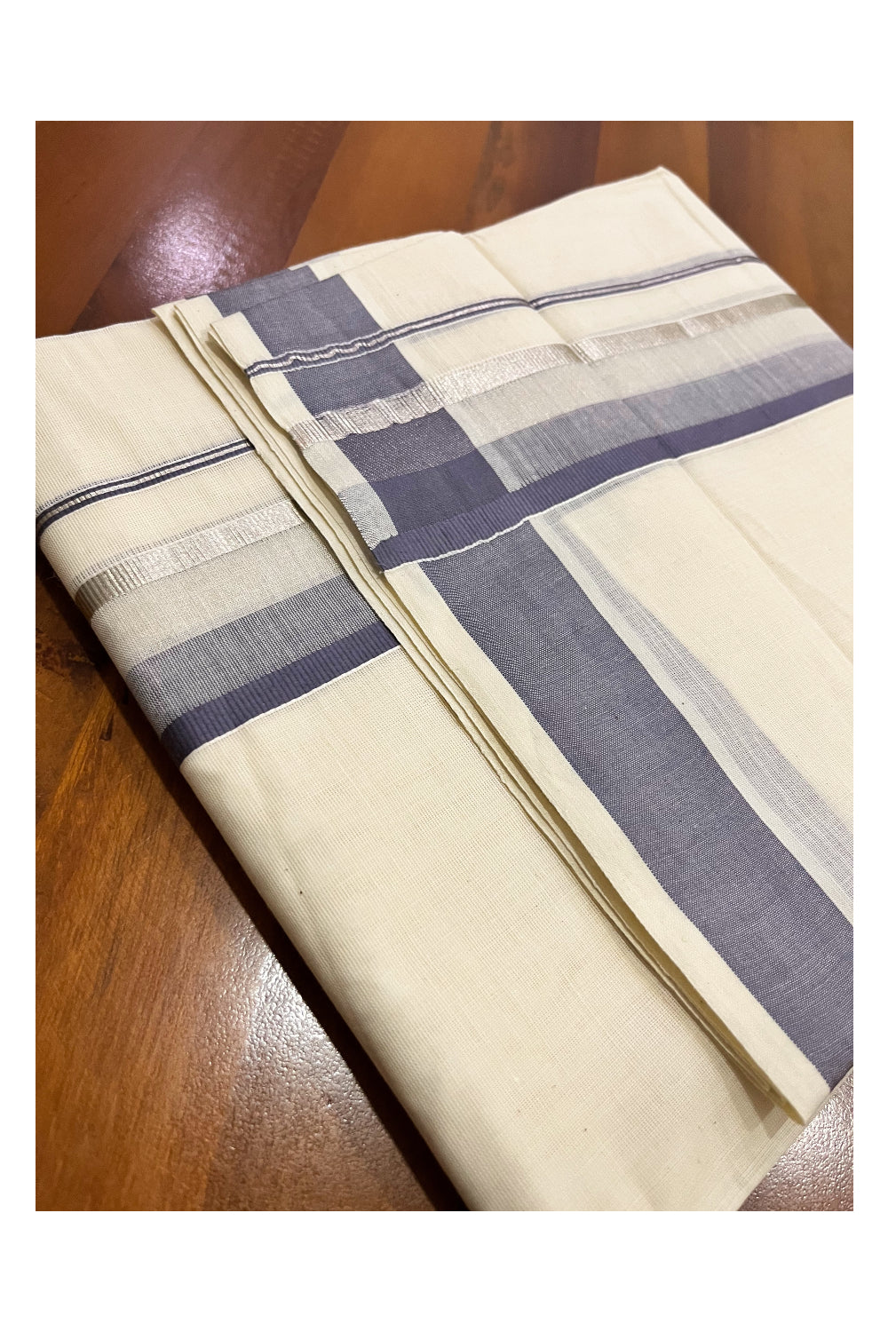 Kerala Pure Cotton Double Mundu with Grey and Silver Kasavu Border (South Indian Kerala Dhoti)