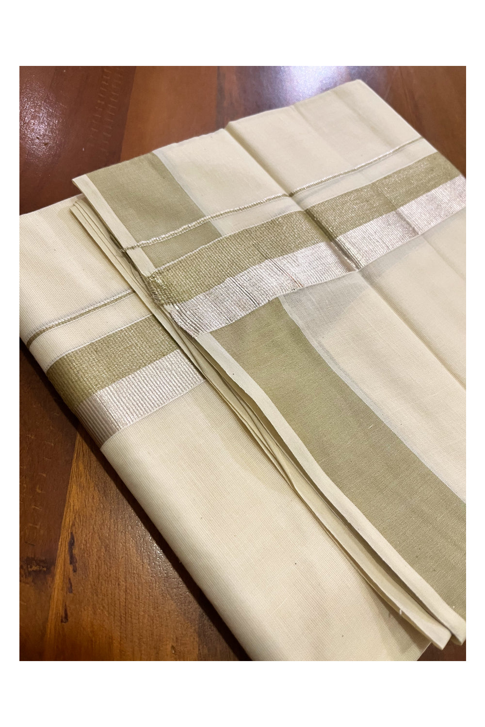 Off White Kerala Cotton Double Mundu with Silver Kasavu and Pastel Green Border (South Indian Kerala Dhoti)