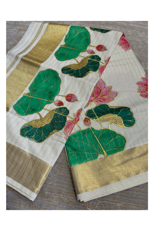 Southloom Cotton Kerala Kasavu Saree with Hand Painted Embroidery Lotus Design