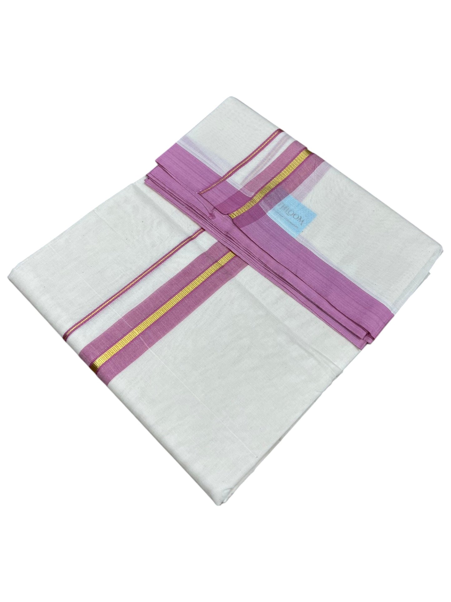 Southloom Pure Cotton Mundu with Gold Lines and Pink Border (South Indian Kerala Dhoti)