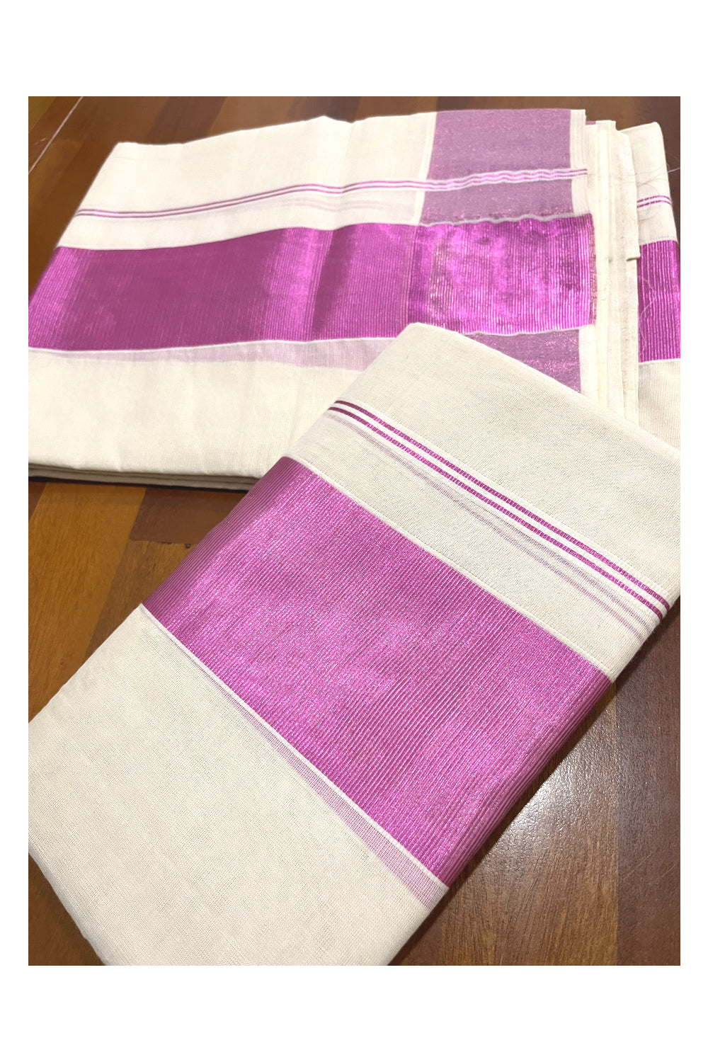 Pure Cotton Mundum Neriyathum Single (Set Mundu) with 3 Inch Pink Kasavu Kara 2.80 Mtrs