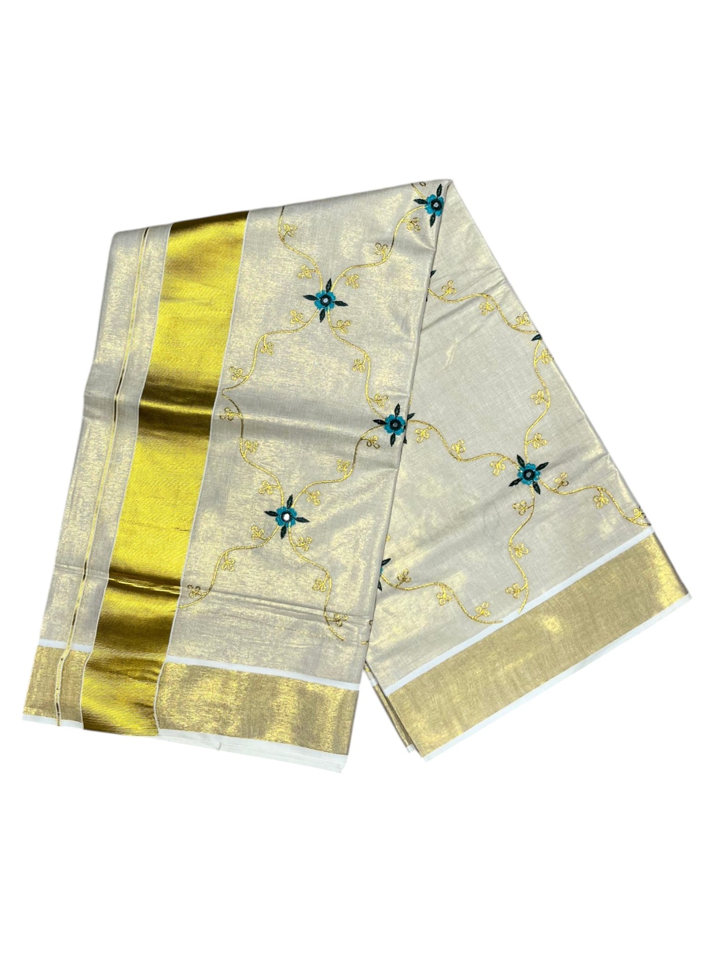 Southloom Tissue Kerala Kasavu Plain Saree with  Embroidery Designs on Body