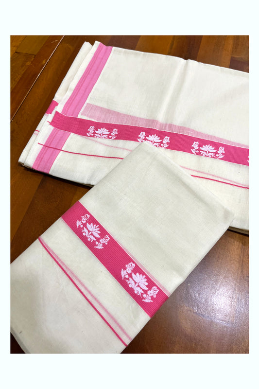 Kerala Pure Cotton Single Set Mundu (Mundum Neriyathum) with White Floral Block Prints on Pink Border