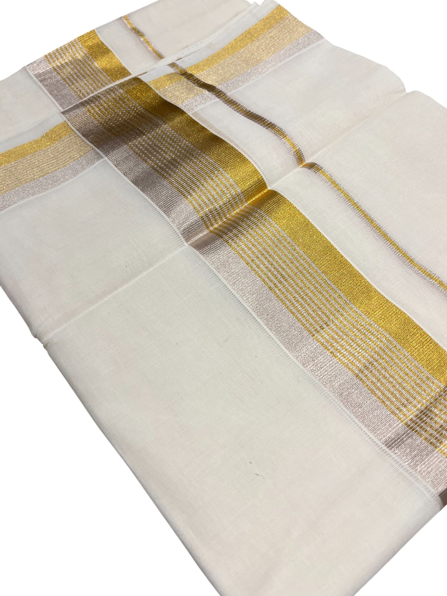 Southloom Premium Handloom Cotton Double Mundu with Gold And Silver Lines Kasavu Border