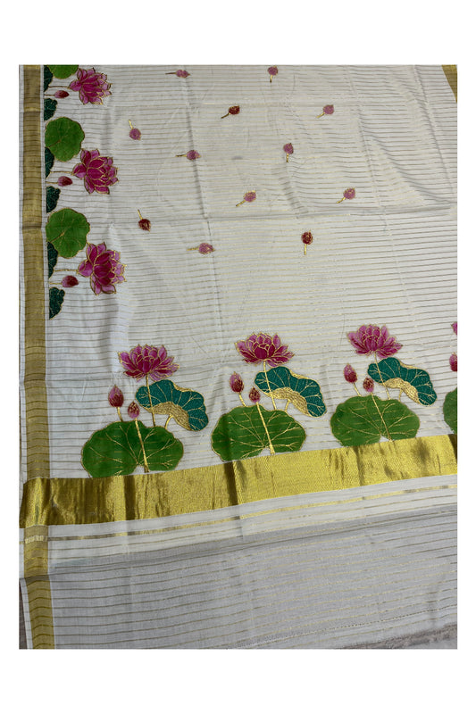 Southloom Cotton Kerala Kasavu Saree with Hand Painted Embroidery Lotus Design