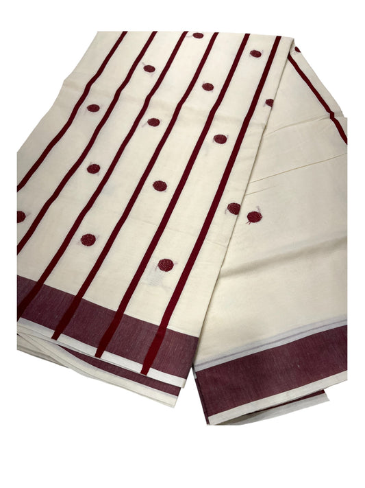 Southloom Kerala Pure Cotton Saree with Maroon Polka Embroidery Works on Body